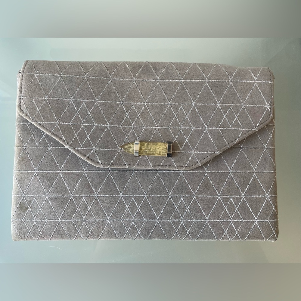 Stella & Dot Always By Your Side Grey Silver Geometric Suede Clutch Handbag